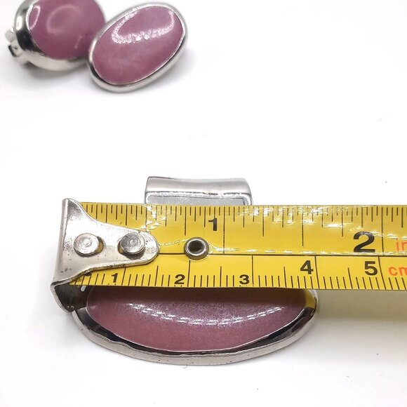 Vintage Clip-On Earrings Pendant Set Silver Tone Metal Purplish Pink Acrylic New - Picture 10 of 10